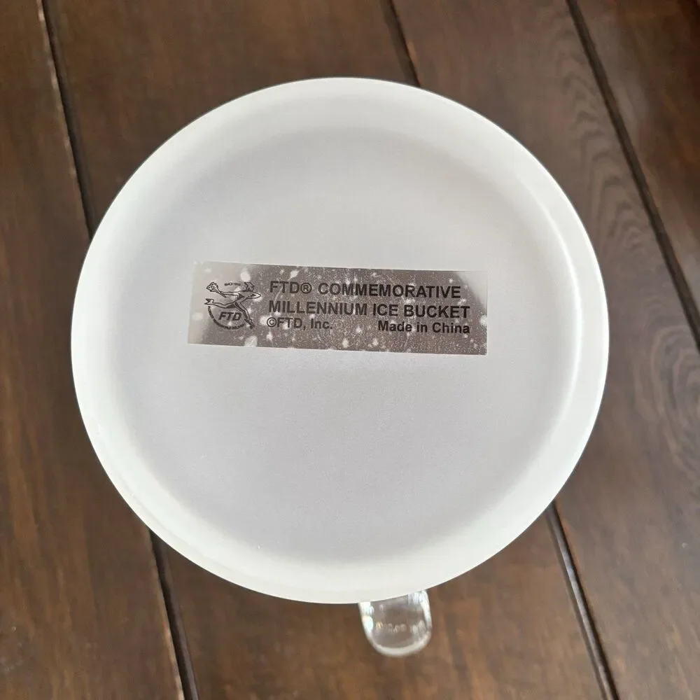 Vintage FTD Commemorative Millennium Ice Bucket Frosted Glass Scroll Handles 2qt